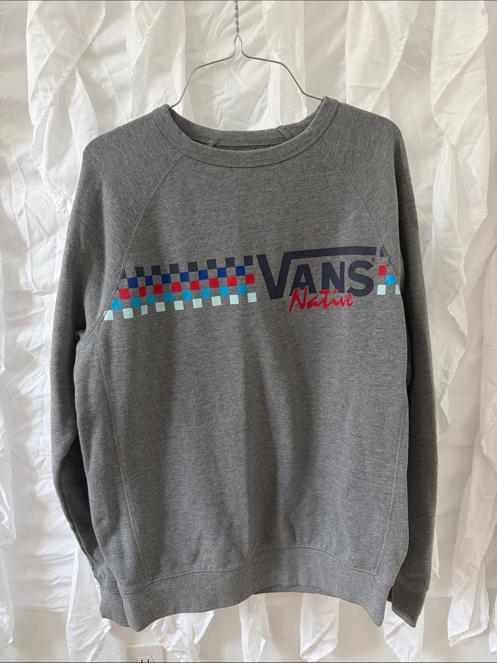 Vans Gray Crewneck Sweatshirt with Multicolor Checker Logo
